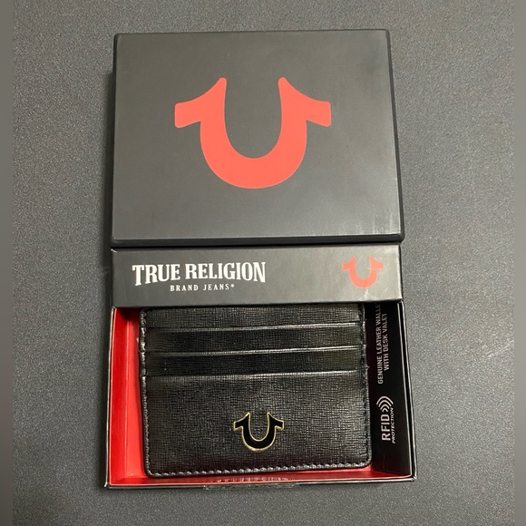 NWT True Religion Black Leather Key Card Holder with Logo - Picture 3 of 5